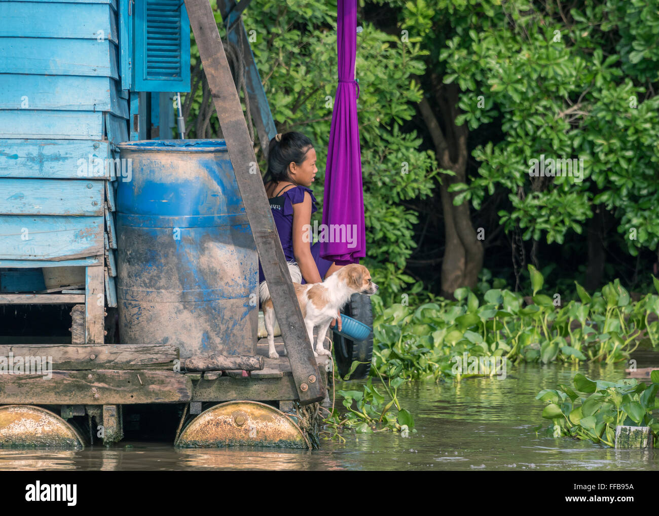 Es ist ein Hundeleben Leben auf einem Hausboot auf dem Siem Reap Fluss, Chong Khneas schwimmenden Dorf, Siem-Reap-Fluss, Kambodscha Stockfoto
