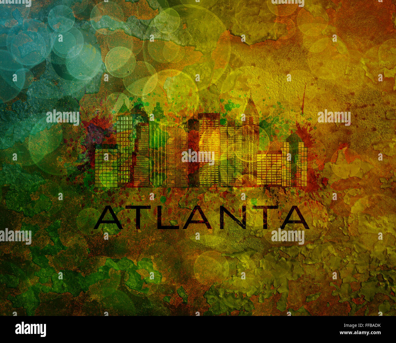 Skyline von Atlanta Georgia mit Paint Splatter abstrakte Onn Grunge Texturen Hintergrund Farbe Abbildung Stockfoto