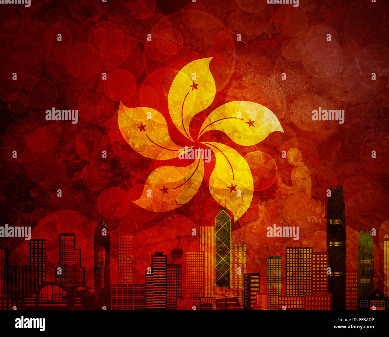 Hong Kong Skyline und Big Buddha Statue Panorama in Hong Kong Flagge Grunge Texturen Hintergrund Farbe Abbildung Stockfoto