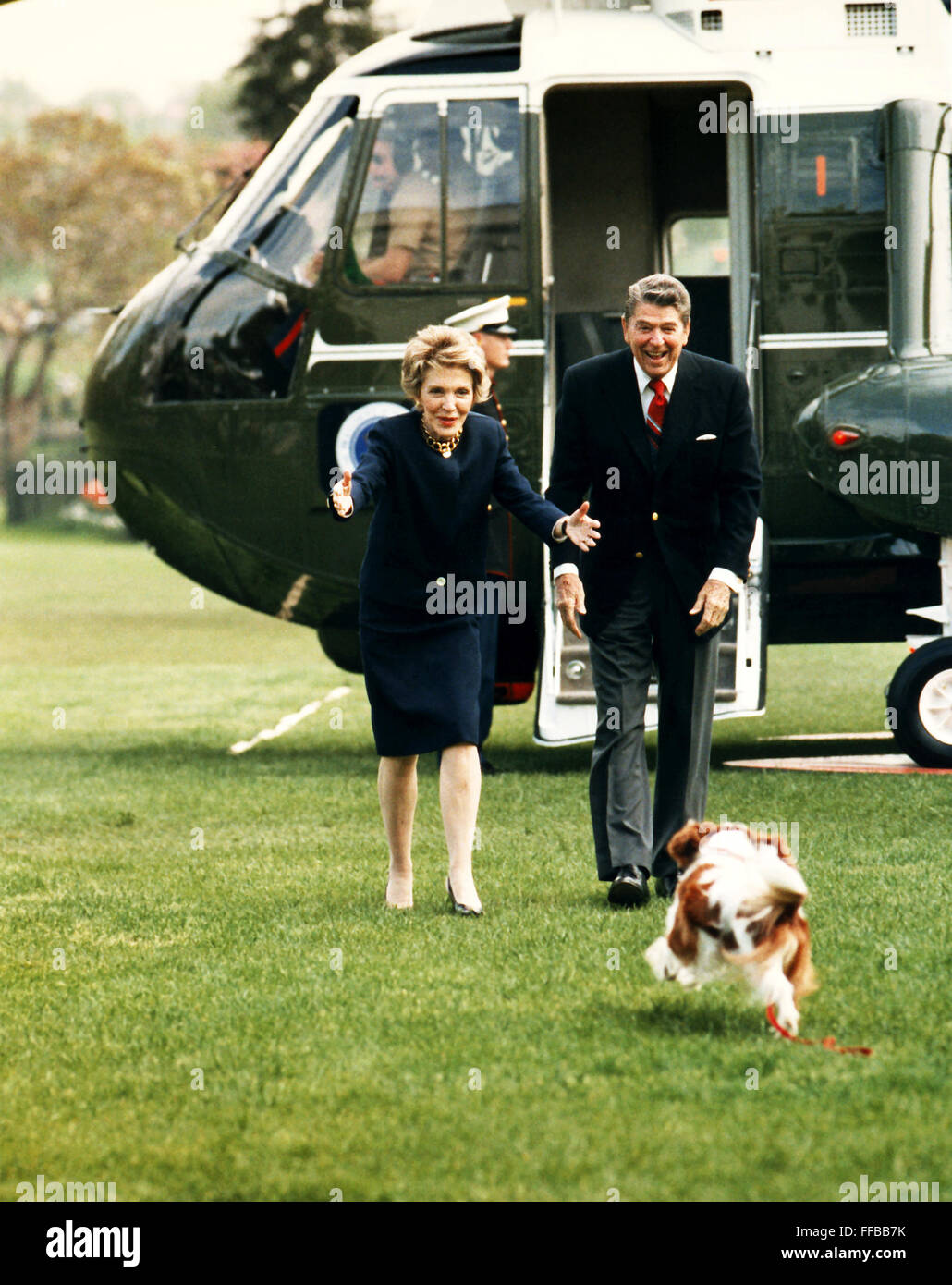 Der Reagans wird von ihrem Hund "Rex" nach der Ankunft im Weißen Haus mit dem Hubschrauber - Marine One begrüßt.  20.04.87. Stockfoto