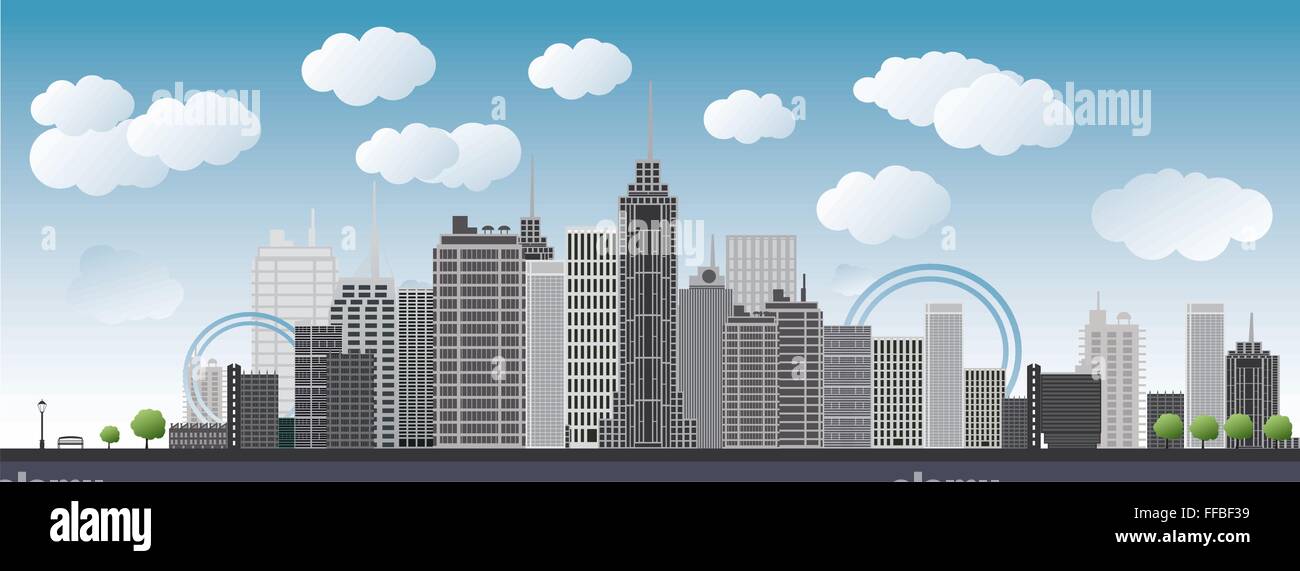 Eine imaginäre große Stadt mit Wolkenkratzern, blauer Himmel, Wolken und Bäume. Vektor-illustration Stock Vektor