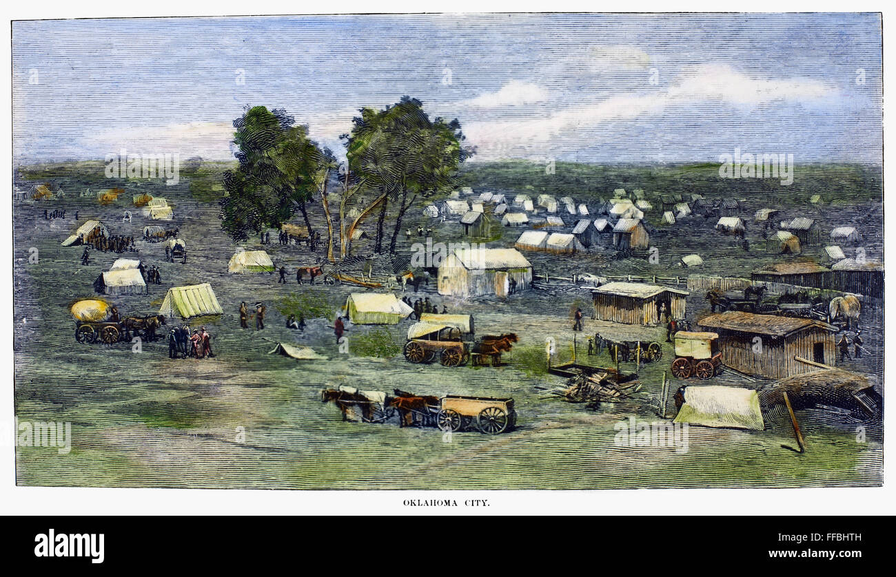 OKLAHOMA CITY, 1889. /nOklahoma Stadt am ersten Tag der Oklahoma Land Rush, 22. April 1889. Zeitgenössische amerikanische Holzstich. Stockfoto