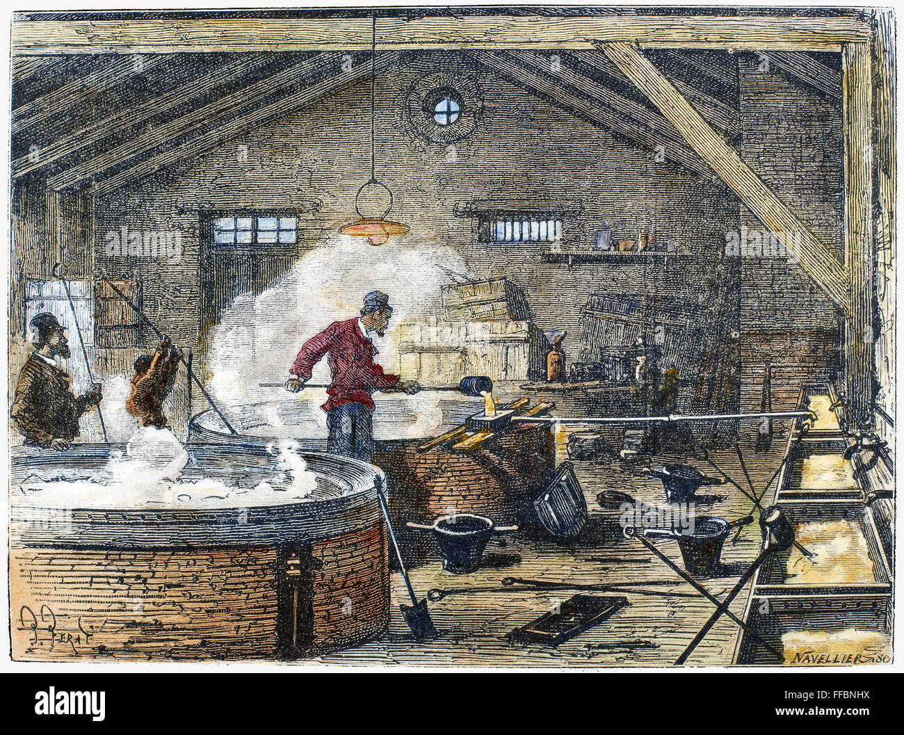 Seife herzustellen, c1870. /nThe Sieden Zimmer von einer Tier-Fett-Seifenfabrik in den Vororten von Paris, Frankreich. Holzstich, Französisch, c1870. Stockfoto