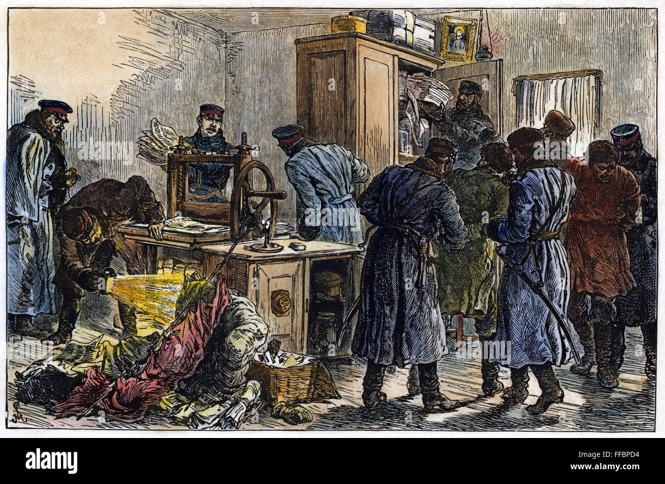 RUSSLAND: NIHILISTEN, 1887. / nPolice in St. Petersurg, Russland, entdecken eine Nihilist Druckmaschine. Holz, Gravur, Englisch, 1887. Stockfoto