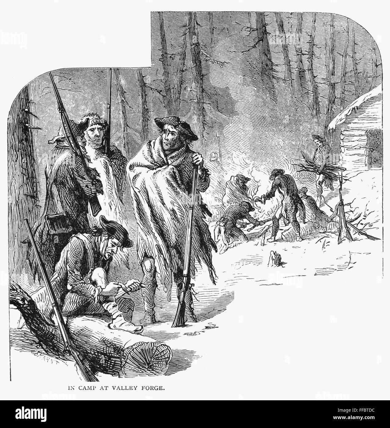 SENKE-SCHMIEDE, 1777 / 78. /nContinental Armeesoldaten lagerten in Valley Forge, Pennsylvania, im Winter 1777 / 78. Line-Gravur, 19. Jahrhundert. Stockfoto