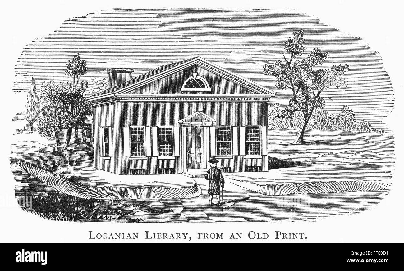 PHILADELPHIA: BIBLIOTHEK. /nThe Loganian Bibliothek, mit die Büchersammlung des James Logan (1674-1751), als es zur Zeit der amerikanischen Revolution sah gegründet. Holzstich, Ende des 19. Jahrhunderts nach einem zeitgenössischen drucken. Stockfoto
