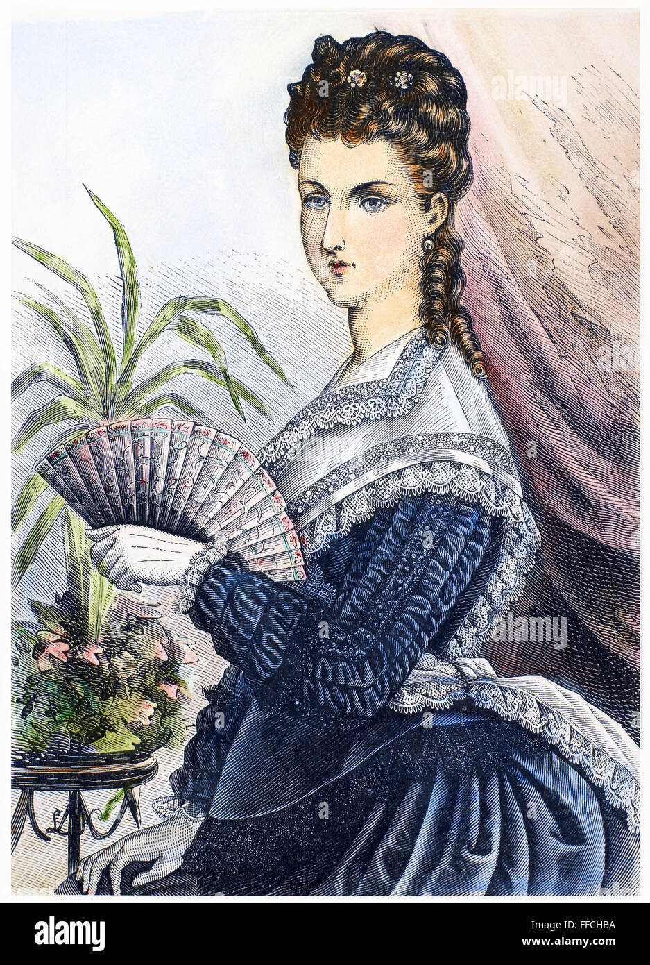 LADY WITH FAN, c1878. /nWood Gravur, American, c1878. Stockfoto