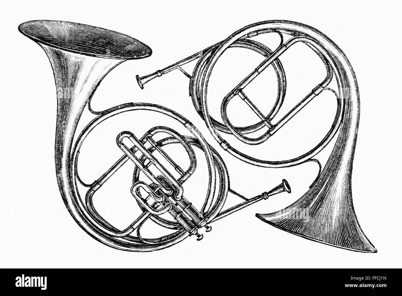 MUSIKINSTRUMENT: HÖRNER. NUM paar Hörner: Waldhorn mit Ventilen (links) und früh ventillose Trompete. Linie, Gravur, Deutsch, Ende des 19. Jahrhunderts. Stockfoto