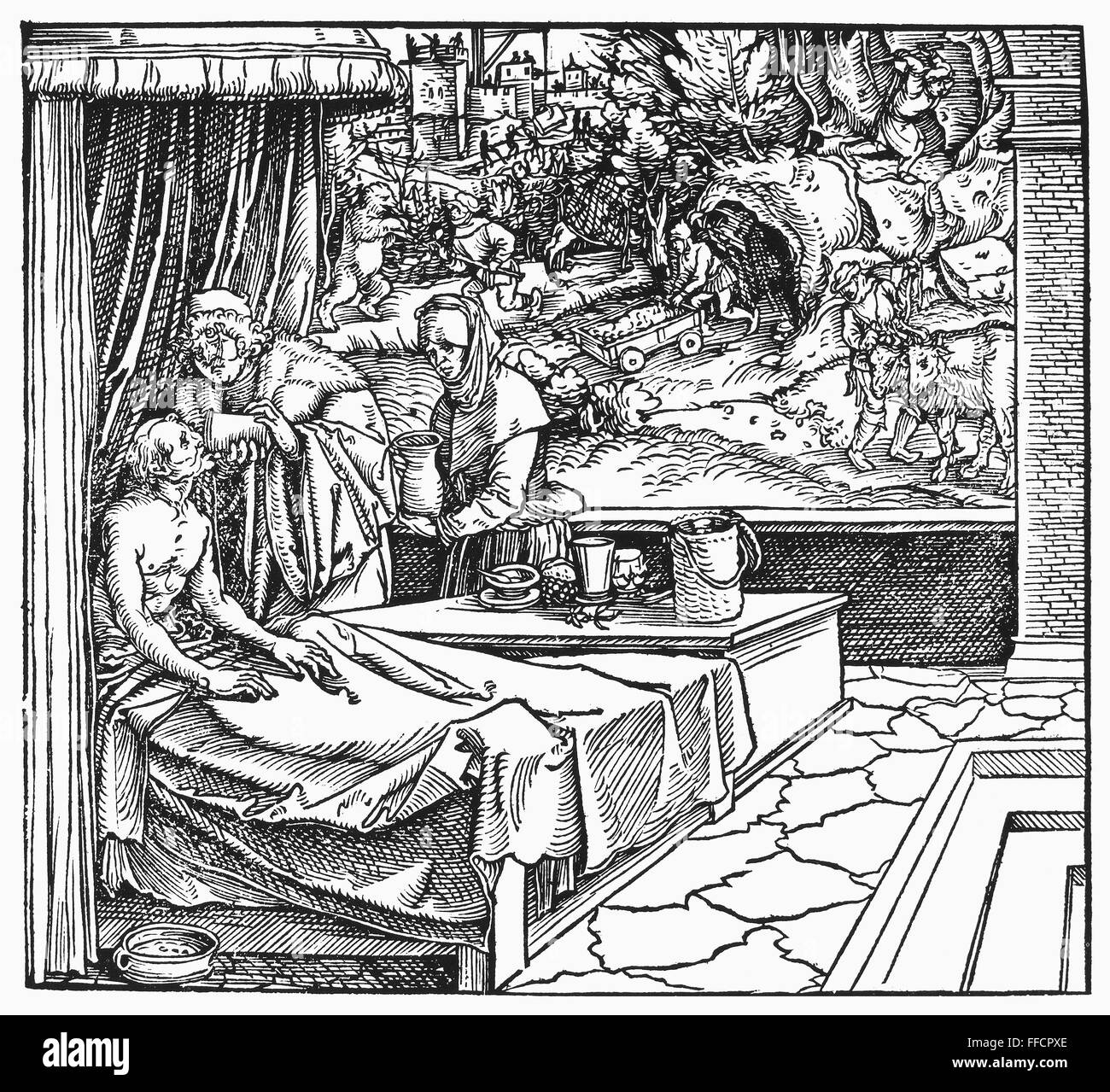 ARZT UND PATIENT, 1531. NUM Arzt einem Patienten Ministereing. Holzschnitt, 1531, von Hans Weiditz. Stockfoto