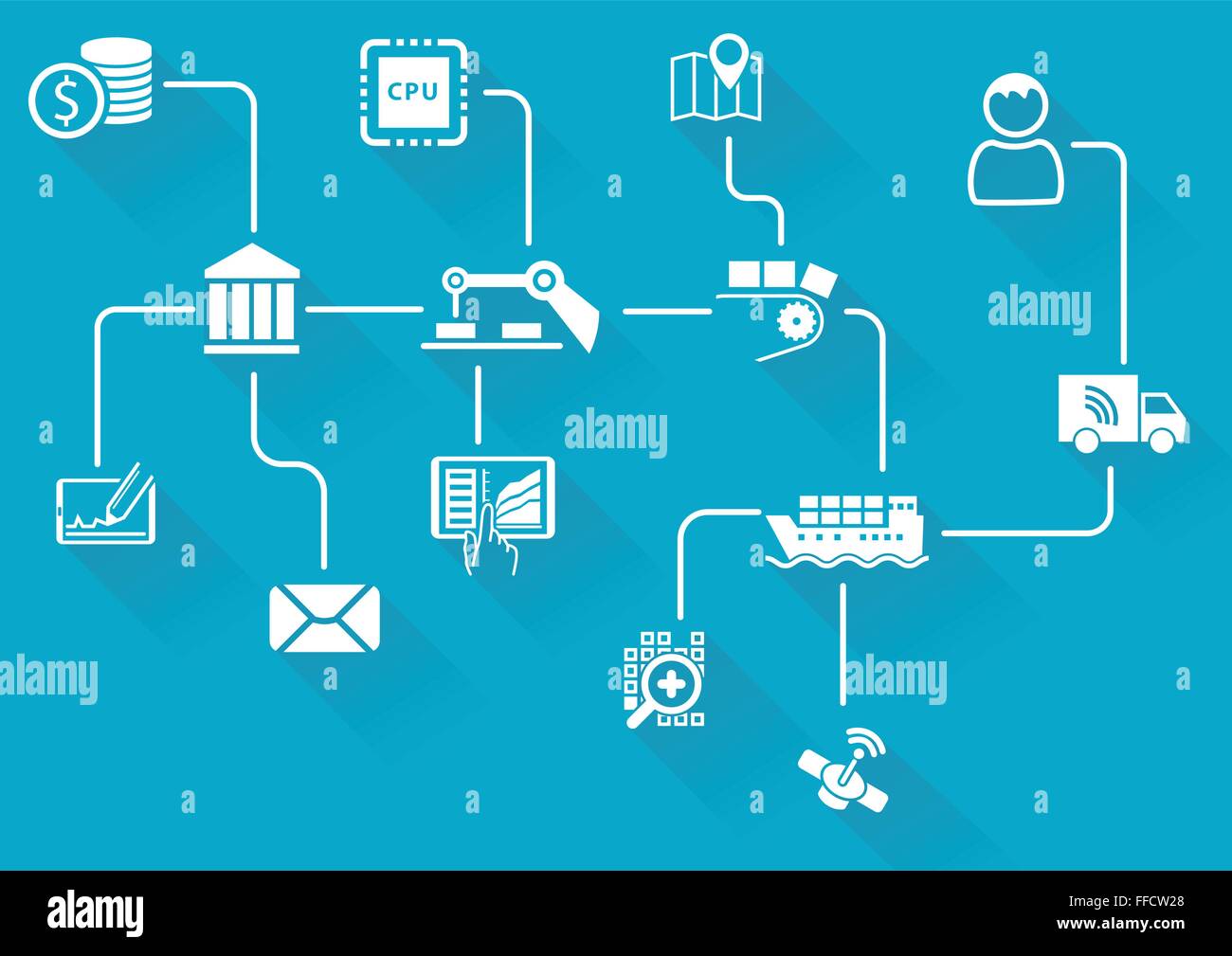 Digitalen Wertschöpfungskette von drahtlosen Geräten und Objekten. IOT (Internet der Dinge Konzept Hintergrund. Stock Vektor