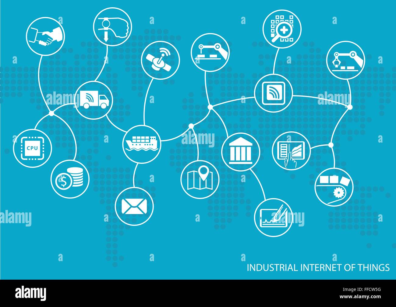 Industrielle Internet der Dinge (IOT) Konzept. Weltkarte der angeschlossenen Wertschöpfungskette von Gütern einschließlich Automatisierung von Geschäftsprozessen Stock Vektor