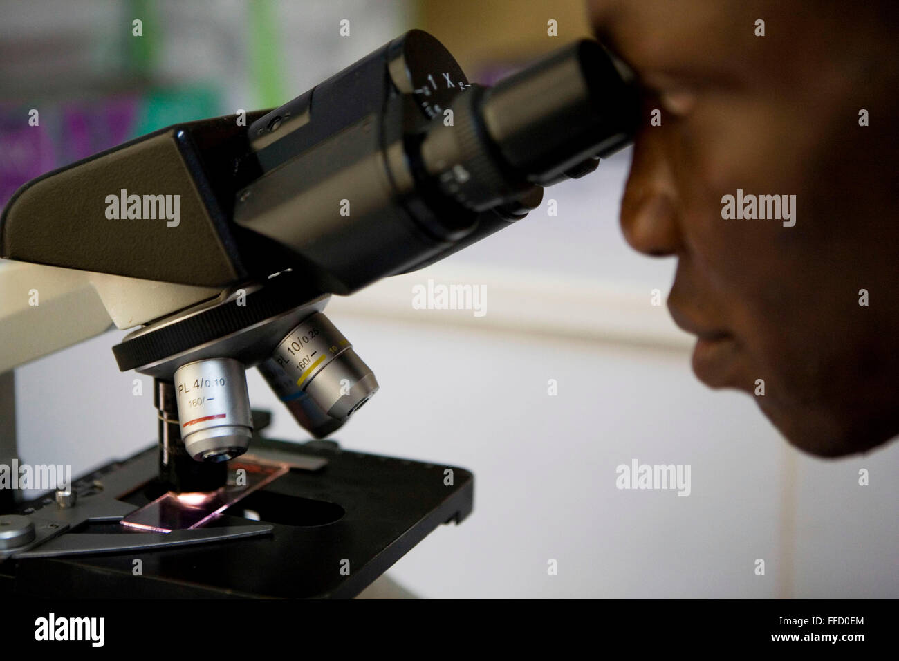 Afrikids medizinisches Zentrum schaut Bolgatanga, Ghana, Laborant durch ein Mikroskop Malaria durch Proben von Blut suchen. Stockfoto