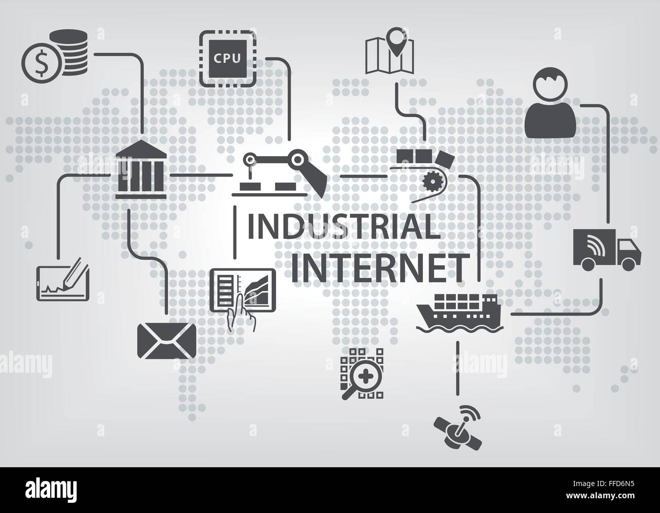 Industrielle Internet (IOT) Konzept mit Welt Karte und Prozess der Gesamtdurchfluss Business Automatisierung von Industrien. Stock Vektor