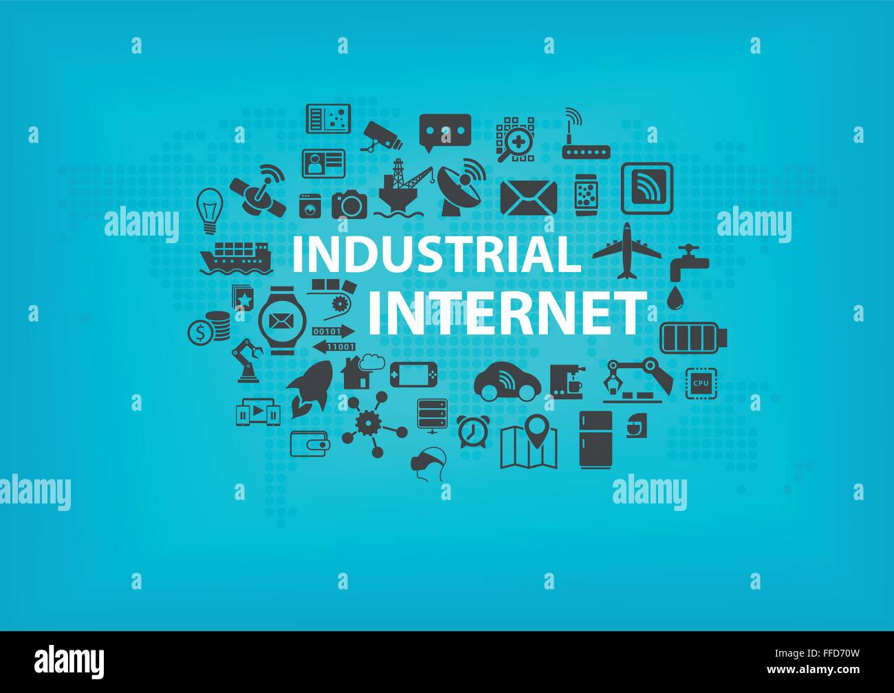 Industrielle Internet (IOT) Konzept mit Weltkarte und Ikonen der angeschlossenen Geräte mit blauem Hintergrund Stock Vektor