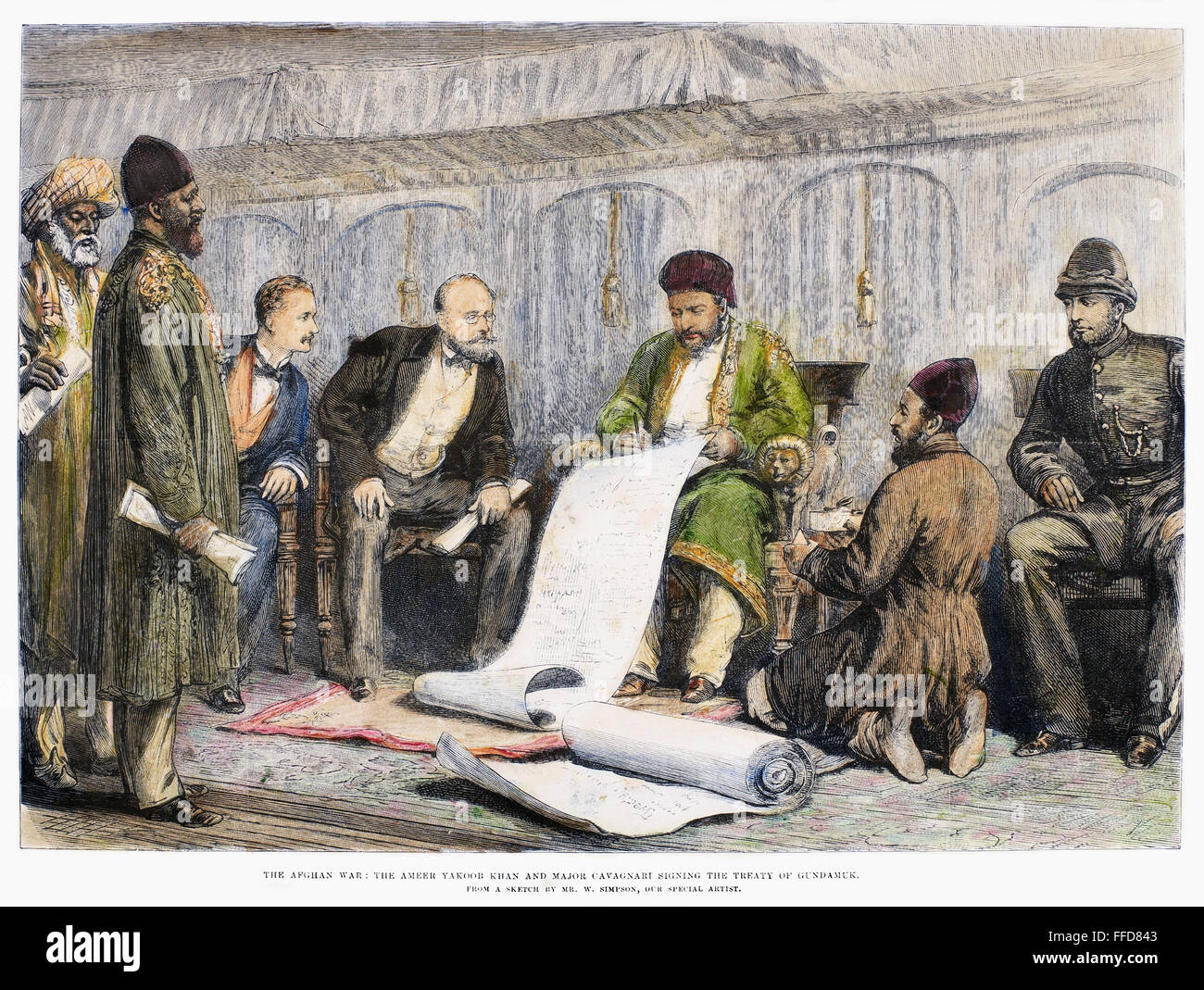 MOHAMMED YAKUB KHAN /n(1849-1923). Amir Afghanistan, 1879-1880. Unterzeichnen Sie den Vertrag von Gandamak 1879. Zeitgenössische englische Holzstich. Stockfoto