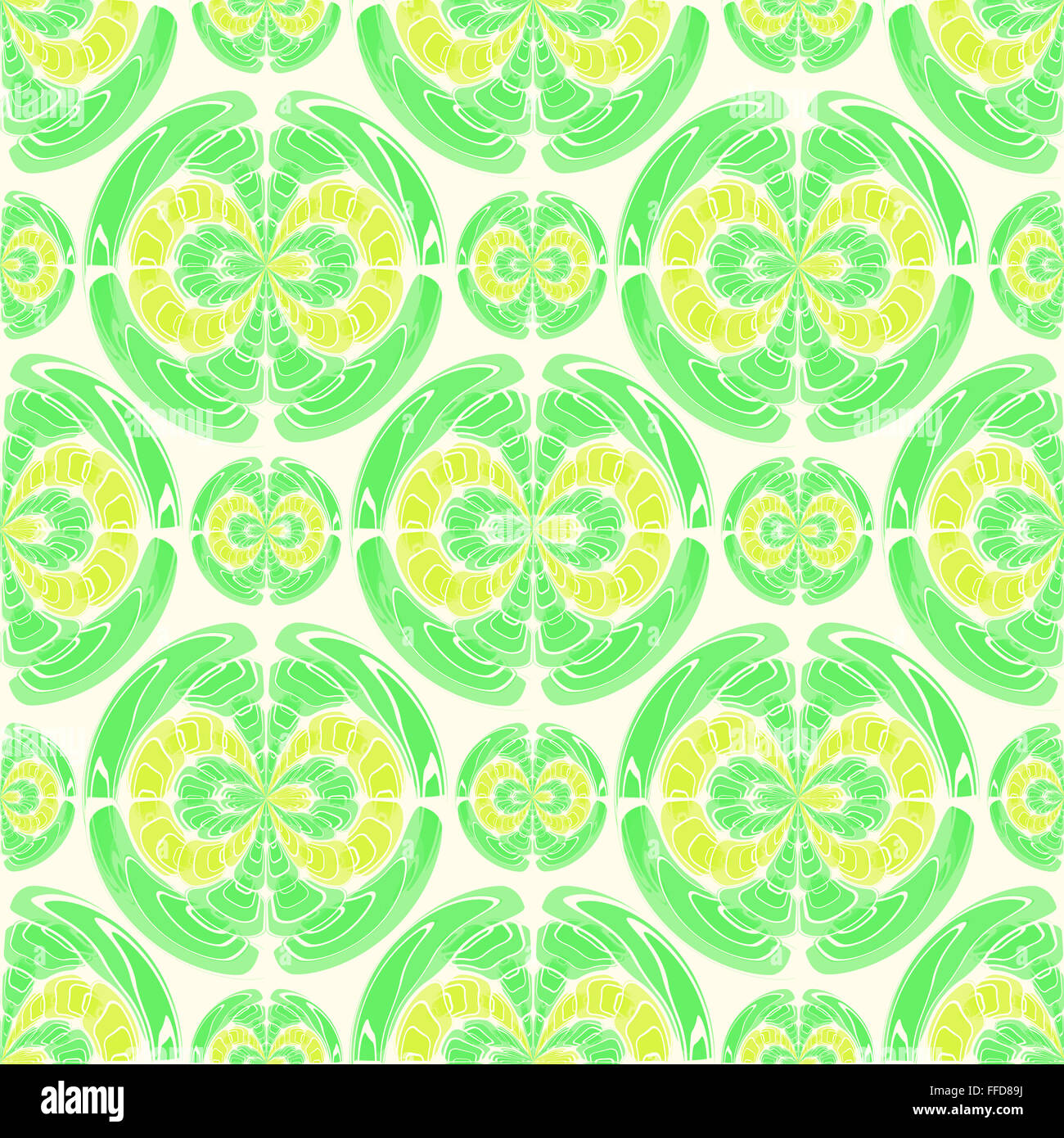 Fruchtig-Muster mit geometrischen Formen, in hellen Tönen von gelb und grün auf einem gelben Hintergrund. Digitale Kunst. Stockfoto