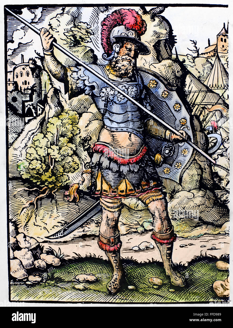 DAVID UND GOLIATH. / nGoliath, die Philister Krieger, bereitet sich zum Kampf gegen David zu tun (1 Samuel 17: 42-44). Holzschnitt, 16. Jahrhundert von Jost Amman. Stockfoto