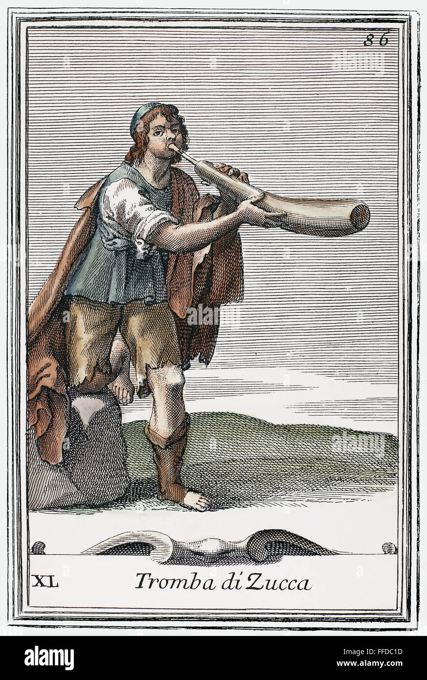KNOCHENMARK-TROMPETE, 1723. NUM Knochenmark Trompete, hergestellt aus einer geschöpft, Knochenmark (Squash) in das ist eingefügt, ein Single-Reed-Rohr. Kupfer, Gravur, 1723, durch Arnold van Westerhout. Stockfoto