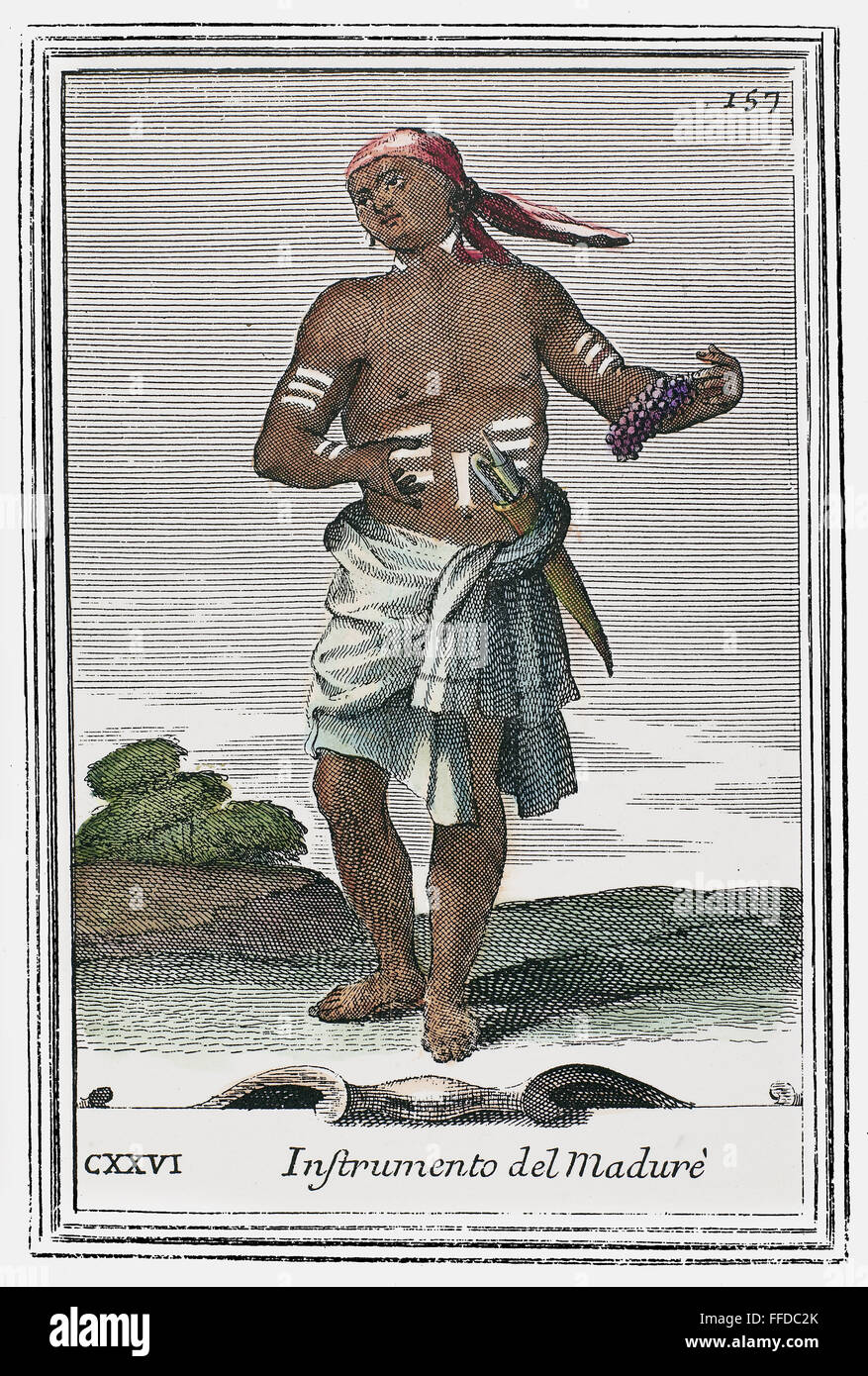 INDISCHE PERKUSSIVEN RASSEL. NUM-Rassel aus Indien gemacht Metall Schellen in Form einer Krone. Kupfer, Gravur, 1723, durch Arnold van Westerhout. Stockfoto