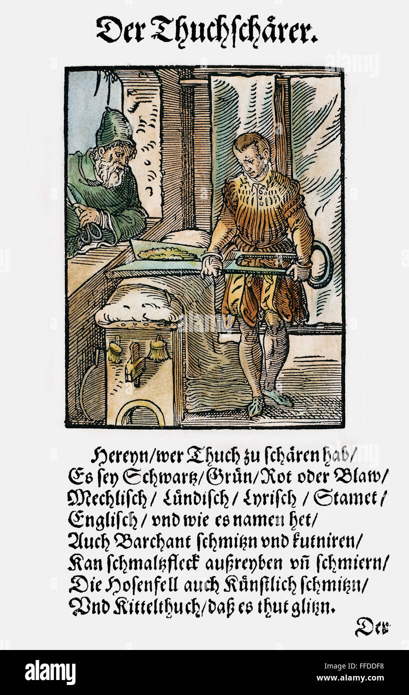 TUCH-SCHERMASCHINE, 1568. /nWoodcut, 1568, von Jost Amman. Stockfoto