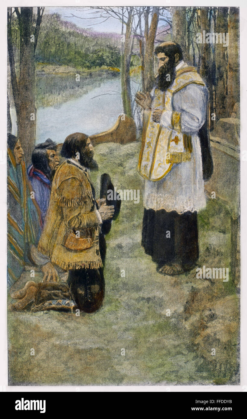 LOUIS HENNEPIN (1640-1701). /nFrench Missionar und Afrikaforscher in Amerika. Vater Hennepin feiert die Messe in der Wildnis, c1680. Abbildung, 1897, nach Howard Pyle. Stockfoto