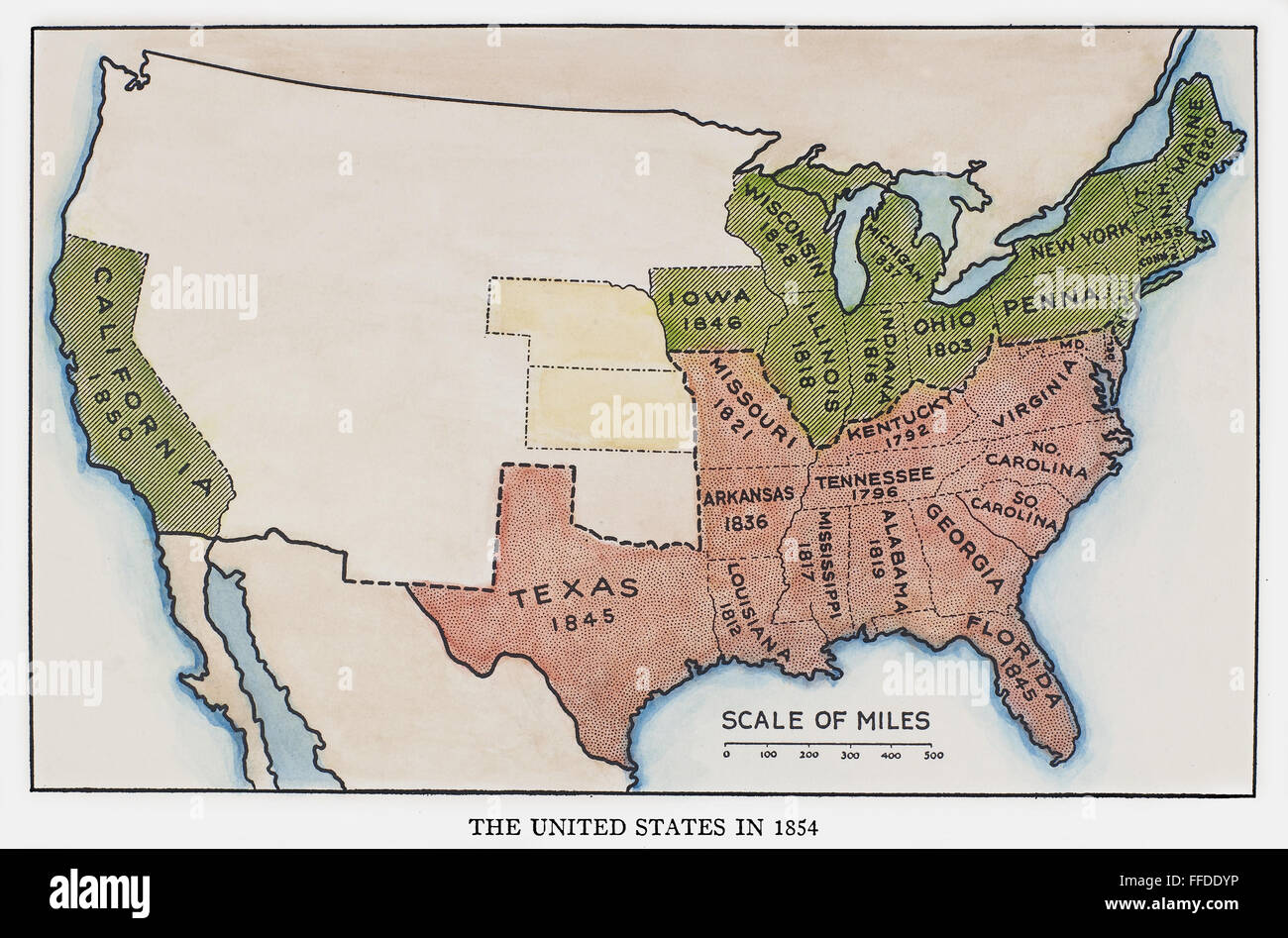 USA KARTE, 1854. /nMap der Vereinigten Staaten zur Zeit des Kansas-Nebraska Act 1854, zeigt Slave-Staaten (rot), frei (grün), und den zukünftigen Staaten Kansas und Nebraska (gelb). Stockfoto