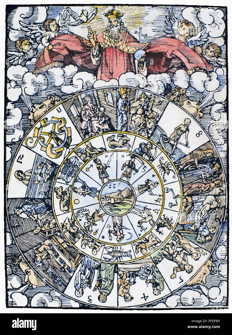 ASTROLOGIE-CHART, 1515. /nRepresentation im Horoskop, mit den sieben Planeten, die zwölf Zeichen des Tierkreises und die zwölf Häuser um die Erde dreht. Holzschnitt aus der Titelseite des Leonhard Reymanns "NativitΣts Kalender," Nürnberg, Deutschland Stockfoto