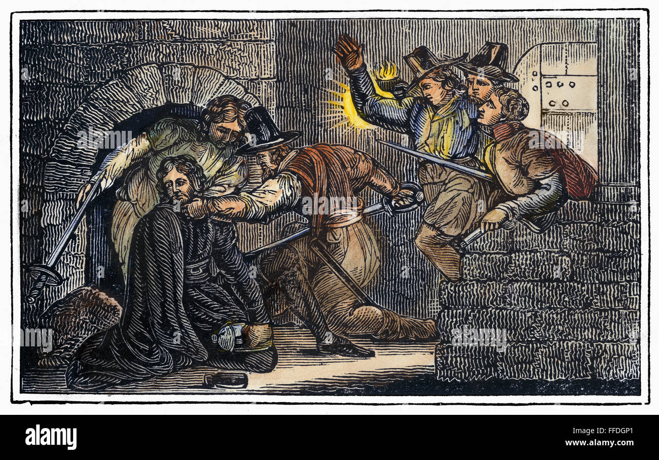 ROBERT CATESBY (1573-1605). /nEnglish Verschwörer. Der Tod von Robert Catesby nach der Schießpulver-Plot Verschwörer letztes Gefecht gegen die königlichen Behörden, 8. November 1605. Holzstich von einer 1832 amerikanische Ausgabe des John Foxes "Buch der Märtyrer." Stockfoto