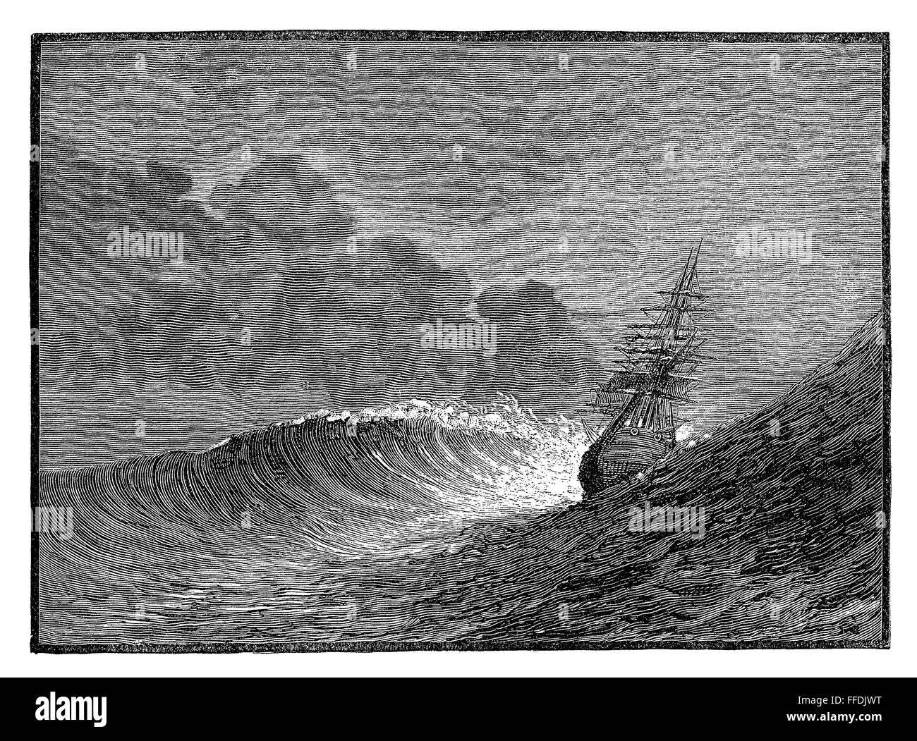 Schwarz / weiß-Gravur eines Segelschiffes in stürmischer See. Stockfoto