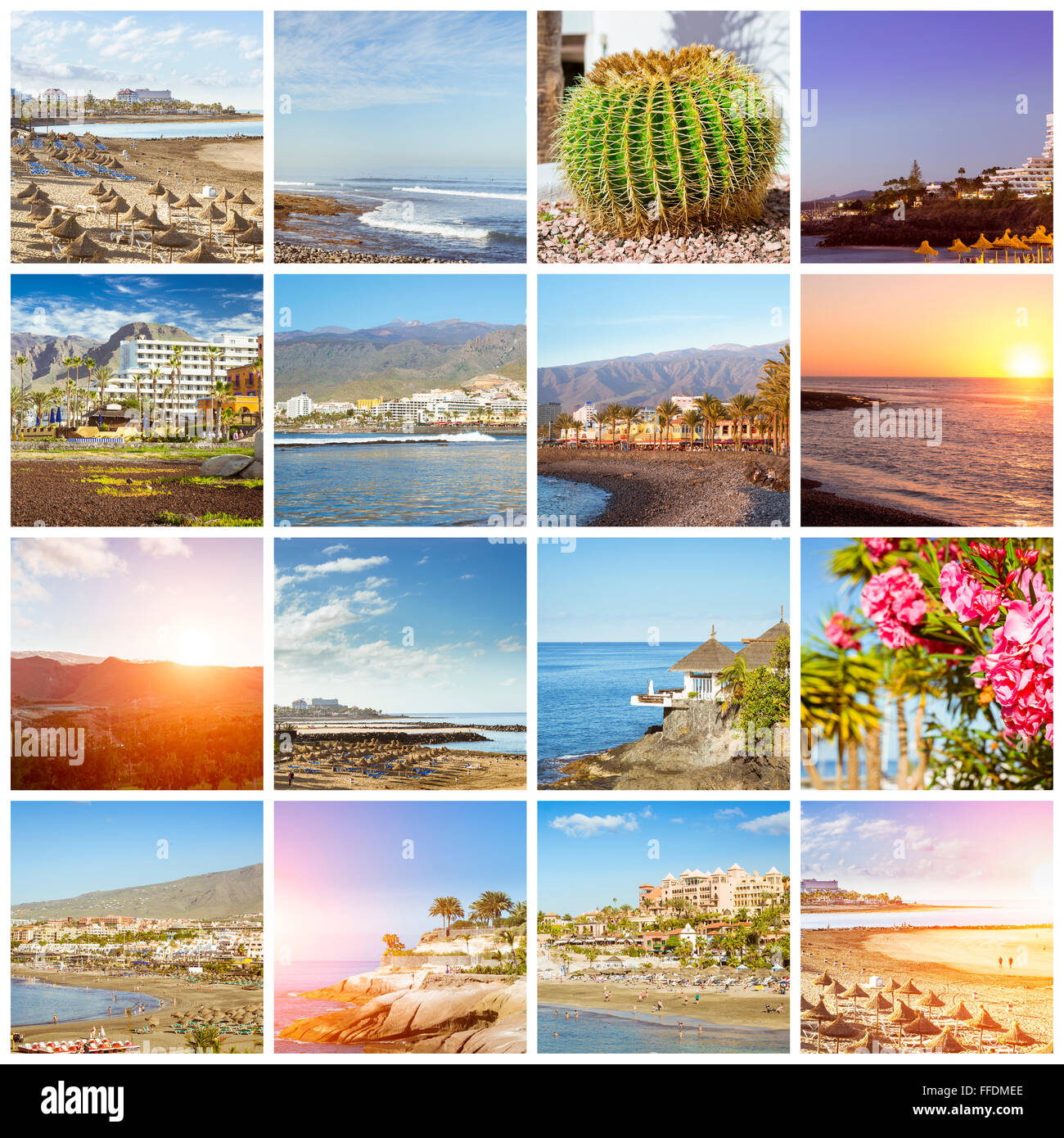 Sonnige Sommer Strandurlaub. Collage mit beliebten Arten von Teneriffa, Kanarische Inseln, Spanien. Sandstrand mit Sonnenschirm Stockfoto