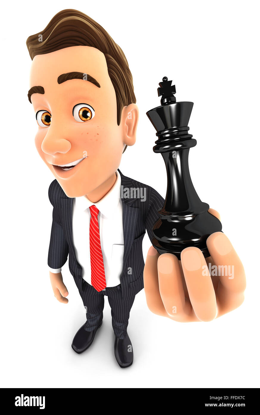 3D Geschäftsmann hält ein Schach König, isolierten weißen Hintergrund Stockfoto