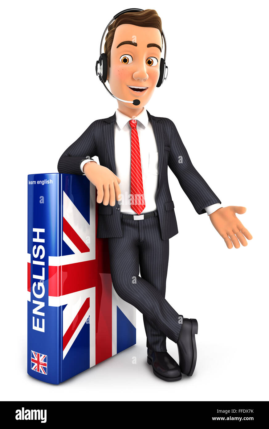 3D Geschäftsmann lernen Englisch, isoliert weißen Hintergrund Stockfoto