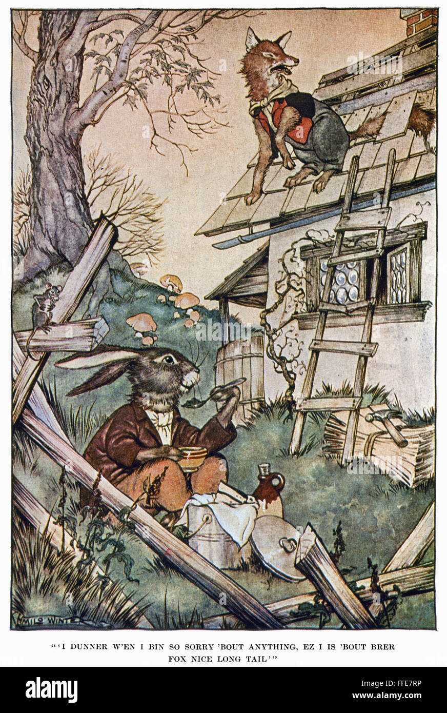 HARRIS: ONKEL REMUS, 1917. /nBrer Kaninchen und Brer Fox, gefangen auf dem Dach. Illustration von Milo Winter aus einer 1917 Ausgabe des afroamerikanischen Märchens von Joel Chandler Harris. Stockfoto