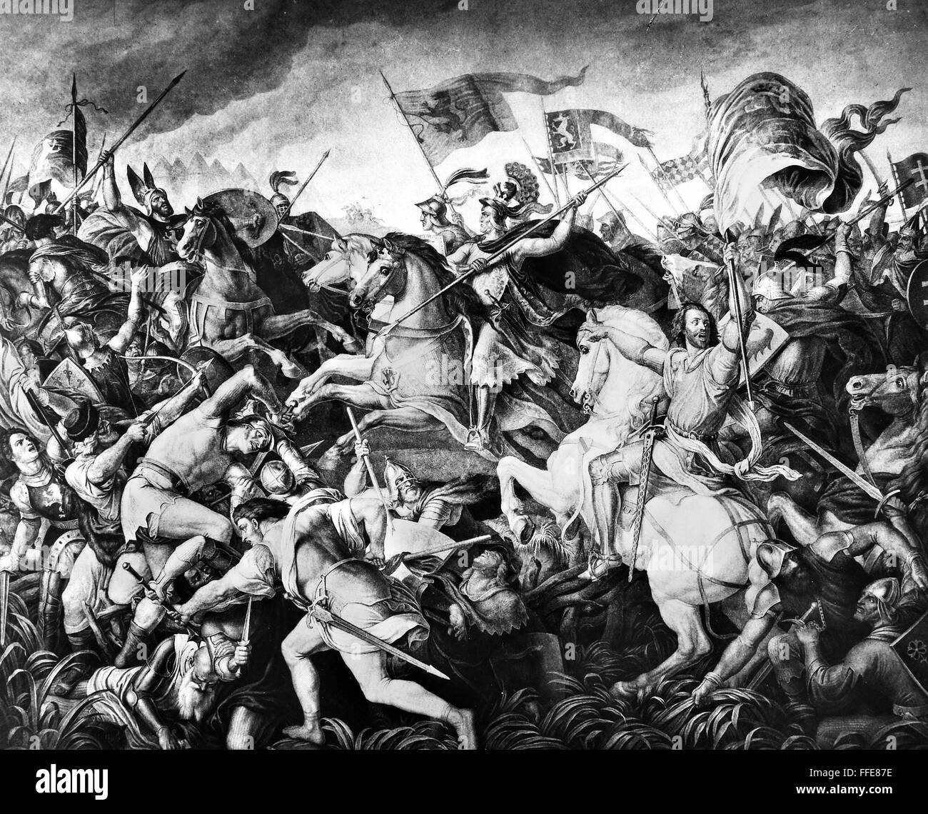 SCHLACHT AM MARCHFELD, 1278. /nThe Schlacht von Rudolph von Habsburg gegen Ottokar von Böhmen bei Dⁿrnkrut, 26 August 1278. Gemälde von Julius Schnorr von Carolsfeld, 1835. Stockfoto