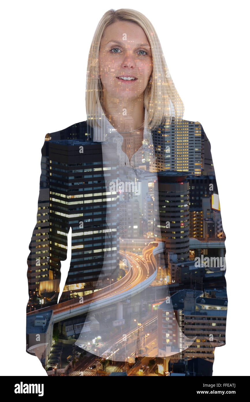 Business Konzept Frau Geschäftsfrau Porträt Manager Doppelbelichtung Stadt isoliert auf weißem Hintergrund Stockfoto