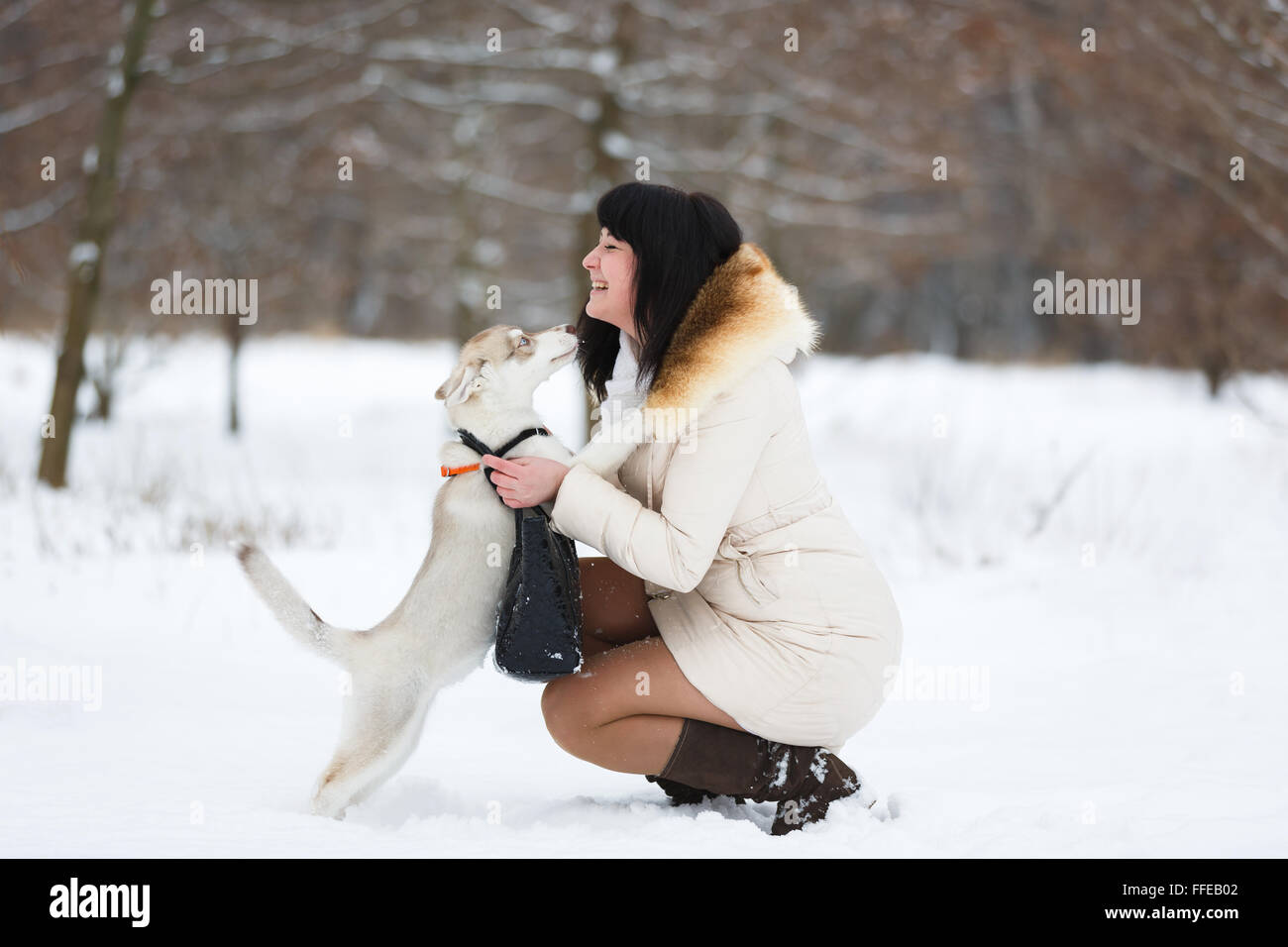 Frau mit einem sanften husky Welpen im Winterwald Stockfoto