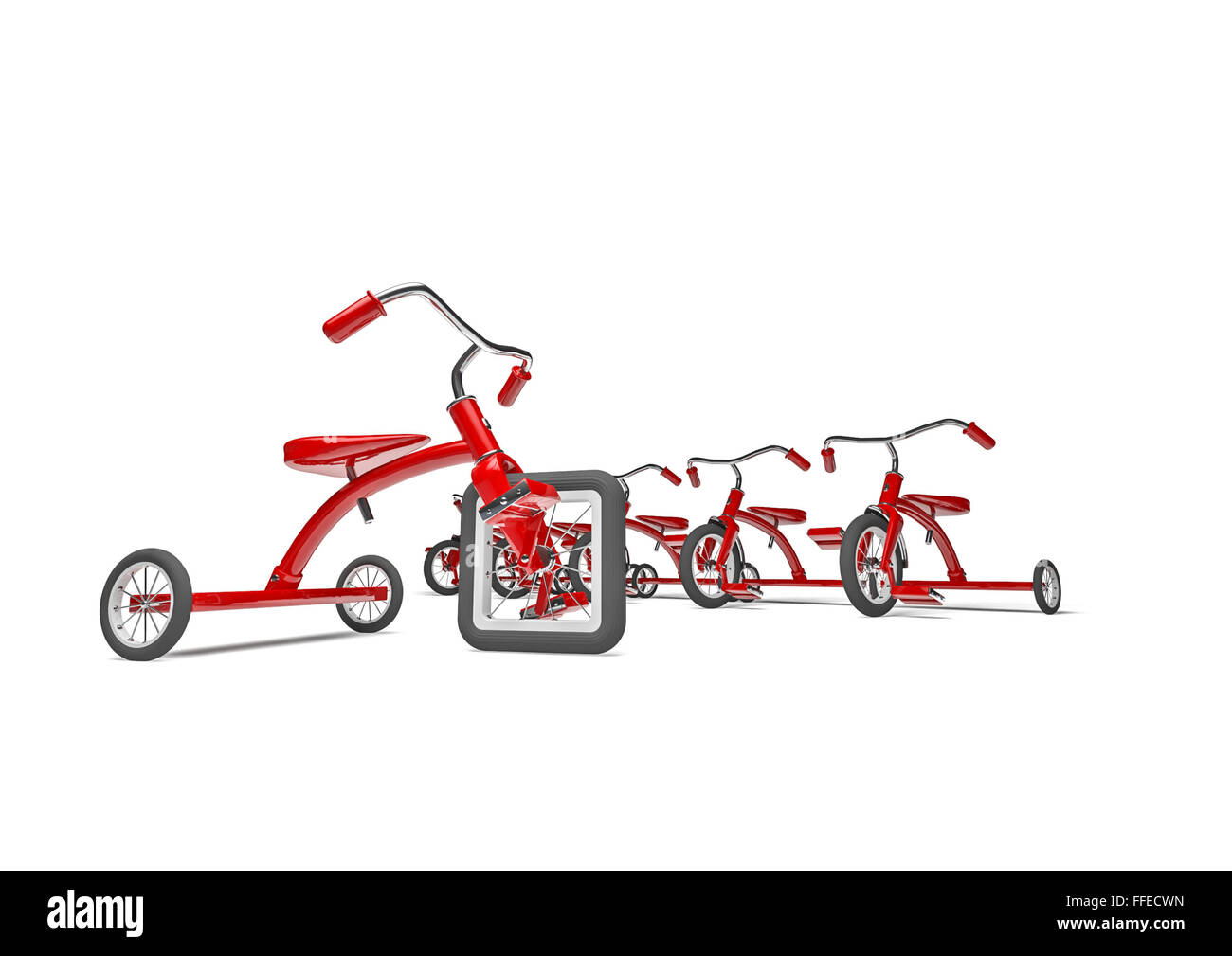 Dreirad mit Konstruktionsfehler / 3D-Render Dreirad mit quadratischen Vorderreifen Stockfoto