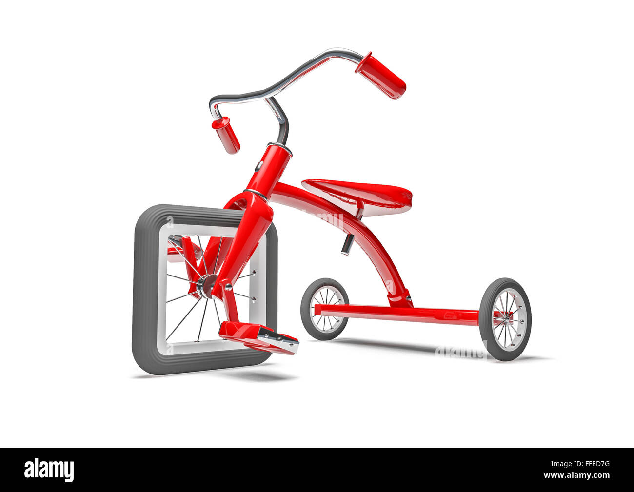 Dreirad mit Konstruktionsfehler / 3D-Render Dreirad mit quadratischen Vorderreifen Stockfoto