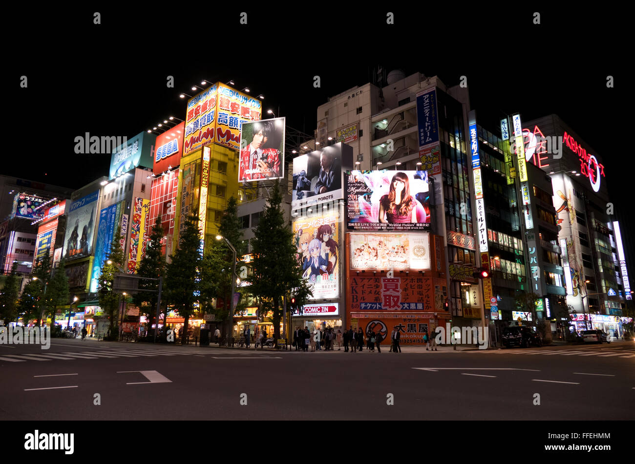 Akihabara Bezirk, Tokio, Japan, Asien. Straße, Straße, Gebäude, Neonlichter, Schilder, Werbetafeln in der Nacht, Menschen einkaufen Stockfoto