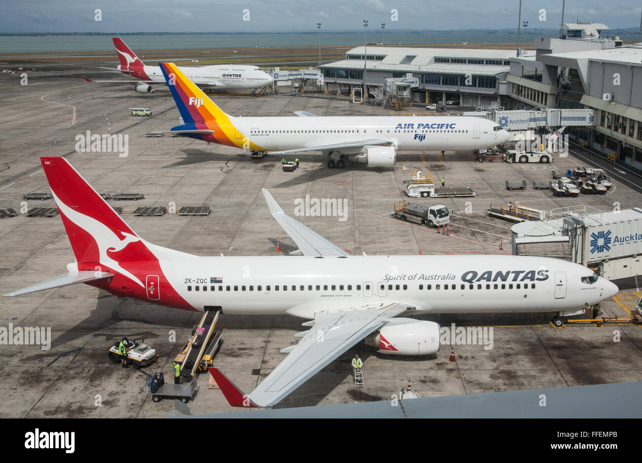 Air Pacific, Qantas, Fluggesellschaften, Flugzeuge, Flugzeuge, Auckland, Nordinsel, Neuseeland, Pazifik, Stockfoto