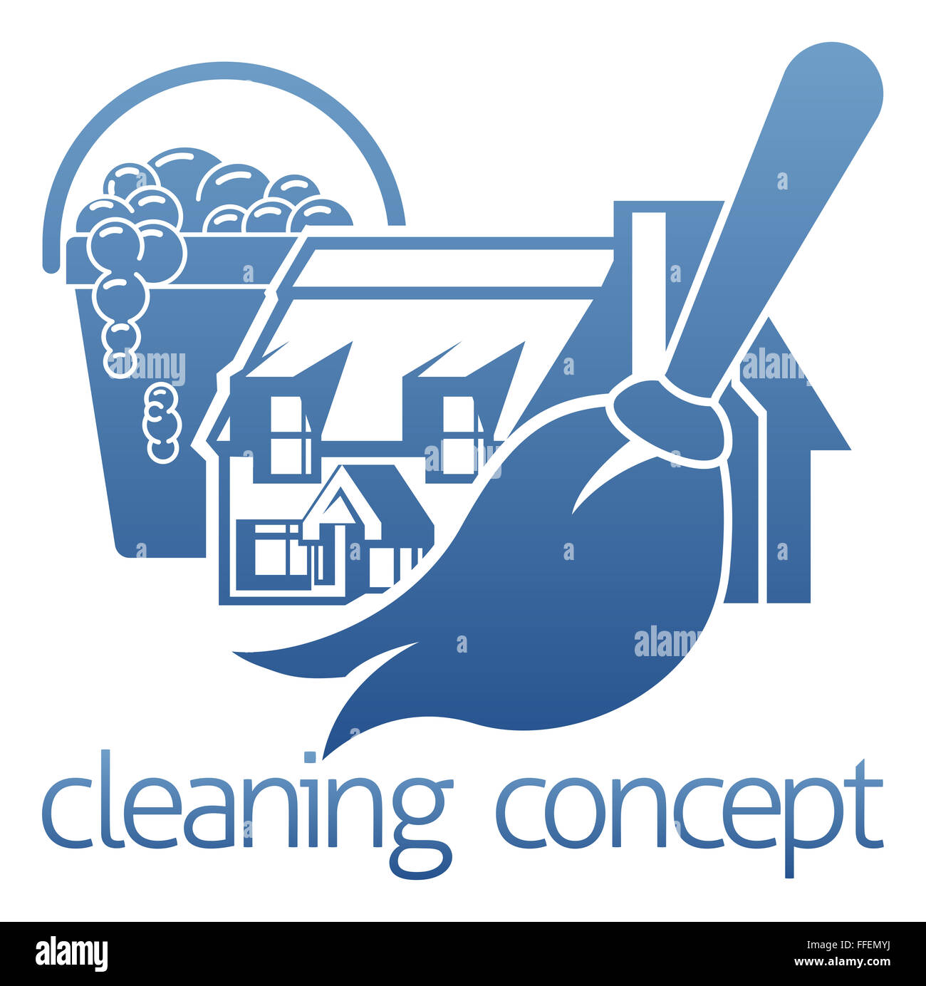 Eine Reinigung Konzept Startseitensymbol mit einem Haus-Mop oder Staubtuch und Seife-Eimer Stockfoto