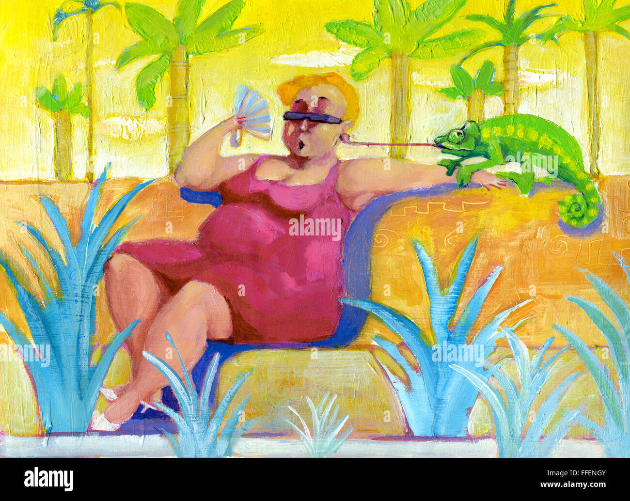 Frau mit Chamäleon an einem heißen Sommertag Stockfoto