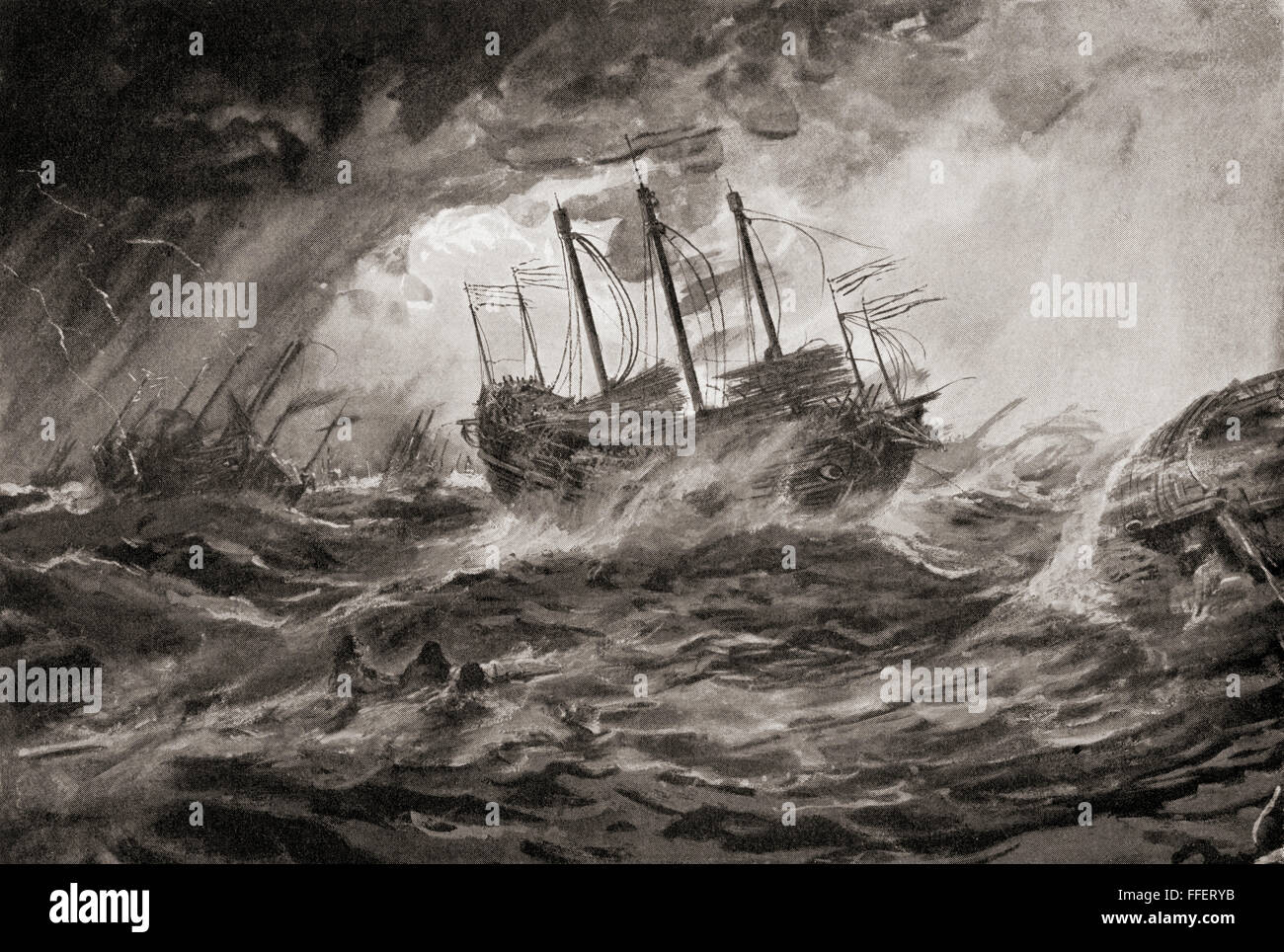 Das Wrack des Kublai Khan mongolische Flotte während der zweiten Invasion von Japan 1281 durch den Taifun, Kamikaze, die die meisten der Armada vernichtet. Von Hutchinson's Geschichte der Nationen, veröffentlicht 1915. Stockfoto