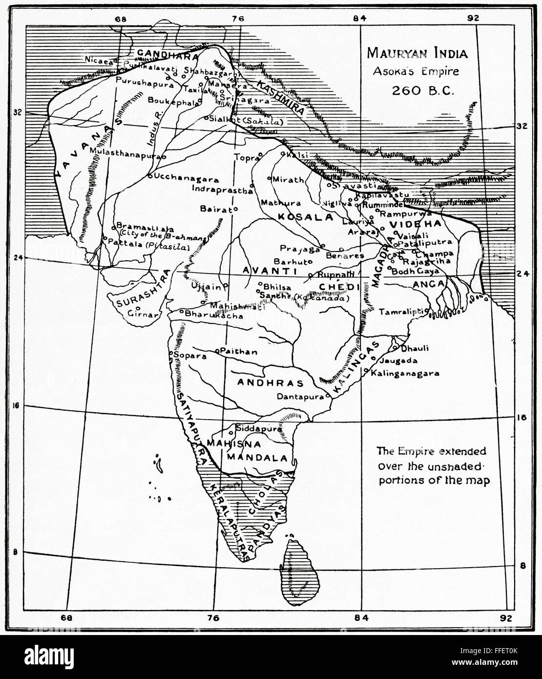 Karte von Mauryan Indien, Asokas Reiches, 260 v. Chr..  Eine geographisch umfangreiche Eisenzeit historische macht im alten Indien, von der Maurya-Dynastie regiert.  Hutchinson Geschichte der Nationen veröffentlichte 1915. Stockfoto