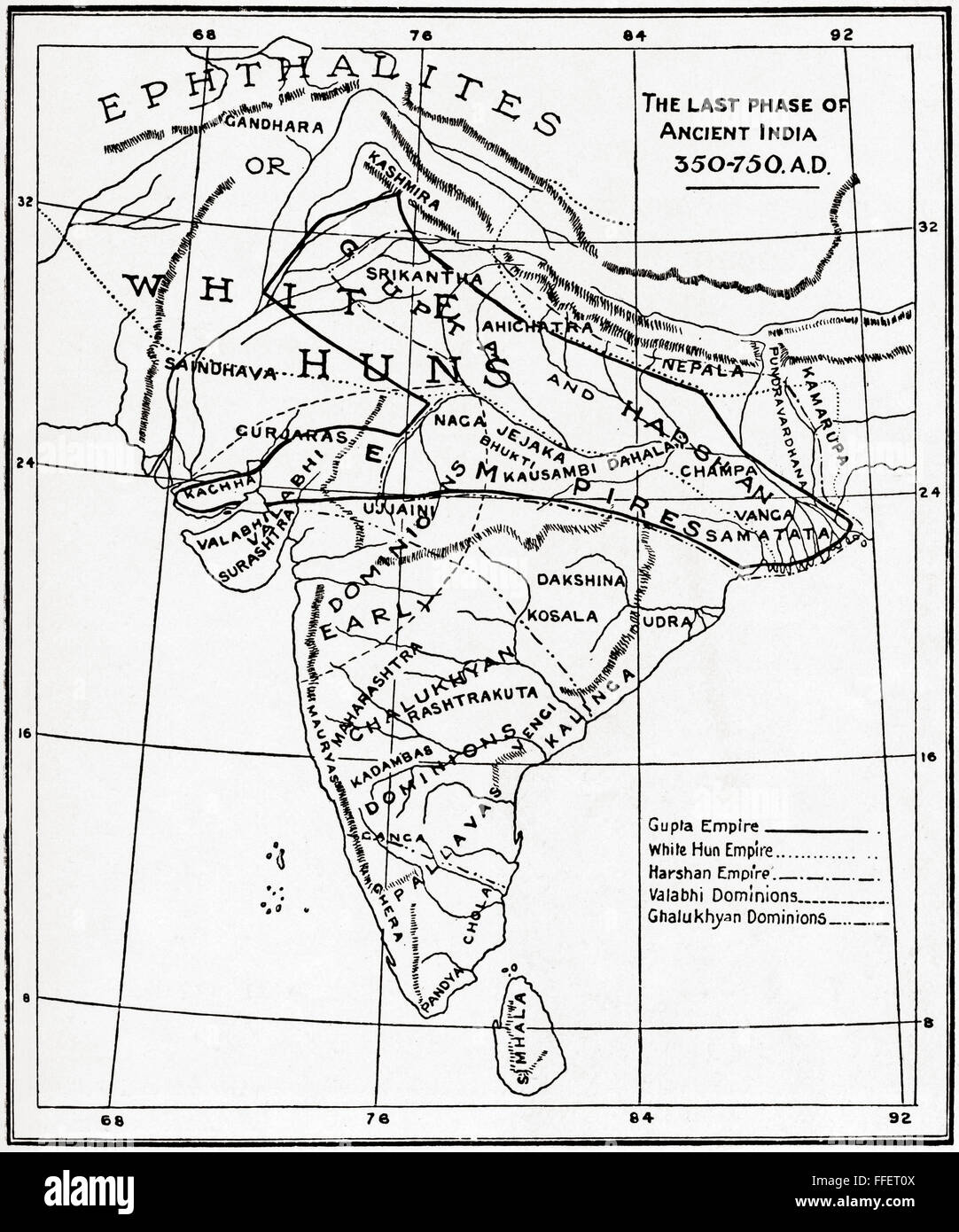 Karte von der letzten Phase des alten Indien, 350-750 n. Chr.. Stockfoto