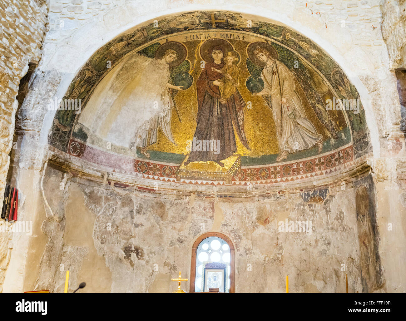 Mosaik mit Heiligen Jungfrau (6. Jh.), Kirche der Panagia Angeloktisti, Kiti, Larnaca, Zypern Stockfoto