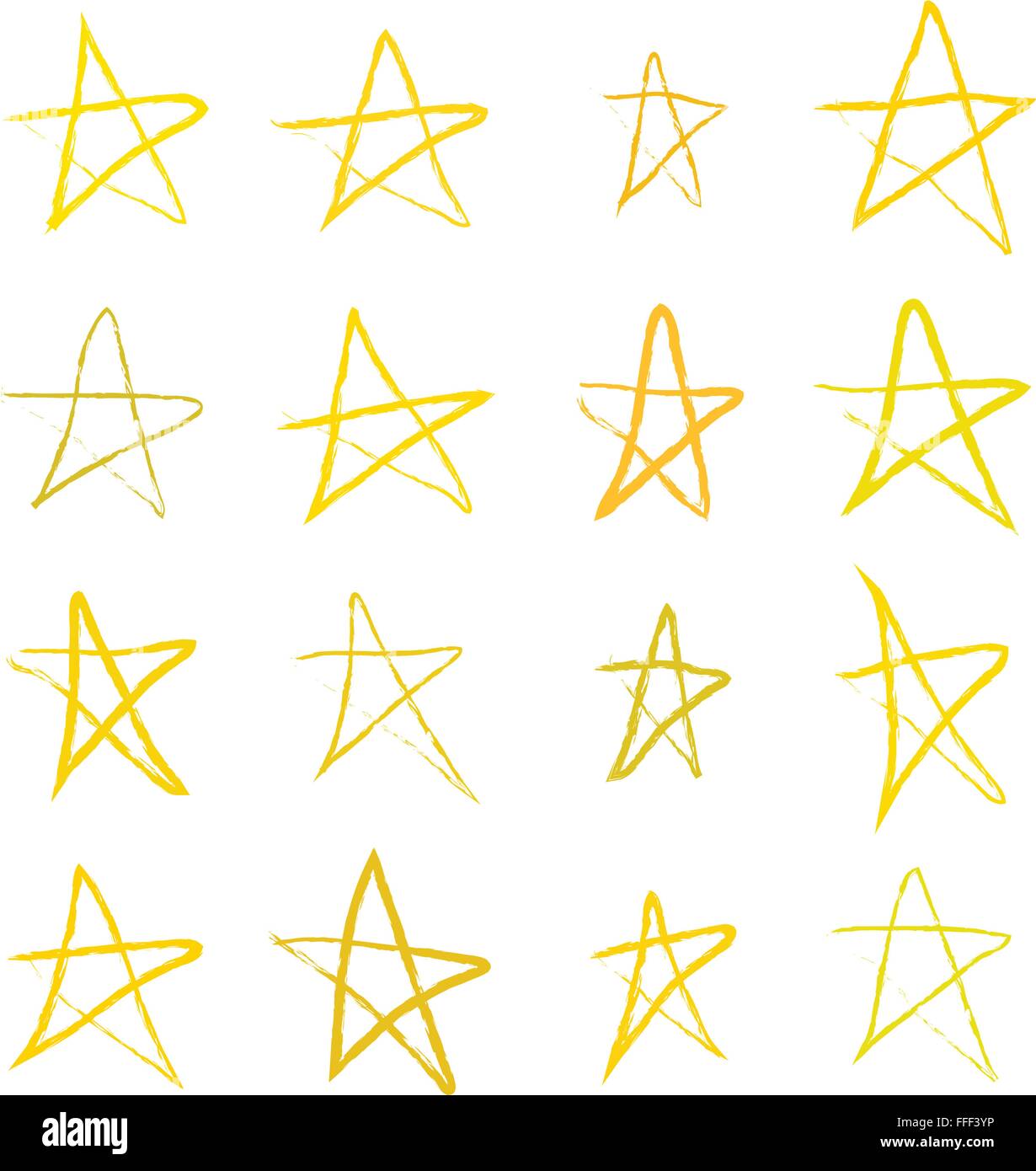 Satz von goldenen handgezeichneten Sternen auf weißem Stock Vektor