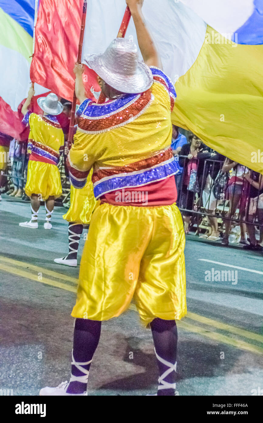 MONTEVIDEO, URUGUAY, kostümierten Januar - 2016 - Mann marschieren und die eine Flagge auf der konstituierenden Parade der Karneval von Montevide Stockfoto