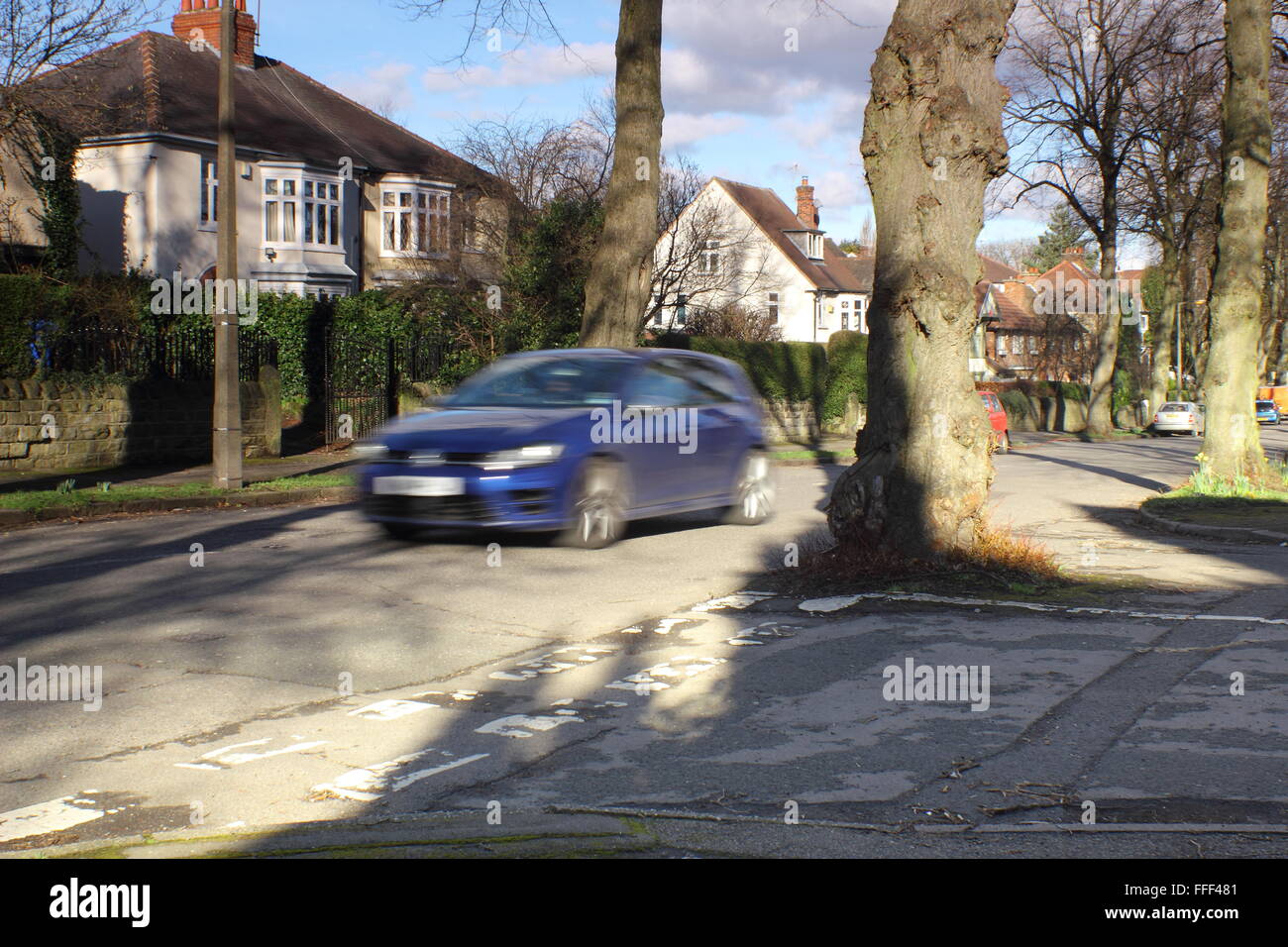 Ein Auto fährt durch ein Baum wächst in der Mitte einer Kreuzung auf einer von Bäumen gesäumten Straße in Sheffield, Yorkshire, England - 2016 Stockfoto