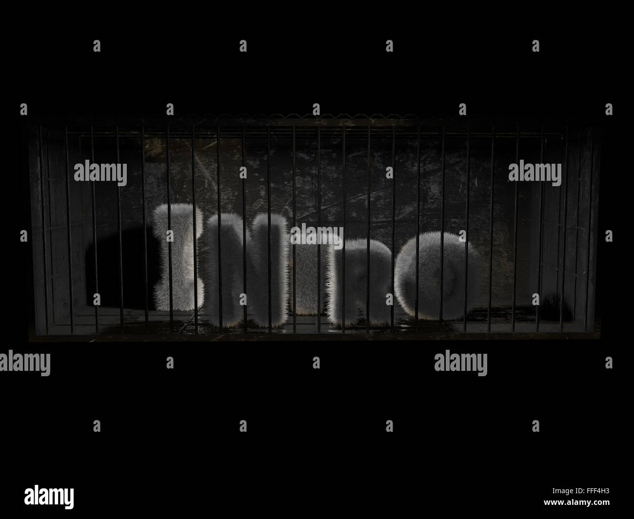 Eine flauschige Wort (Intro) mit weißem Haar hinter Schloss und Riegel mit schwarzem Hintergrund. Stockfoto